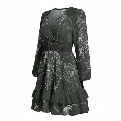 Women’s black long sleeve dress with white abstract line pattern and ruffled hem, Ivorynn fashion