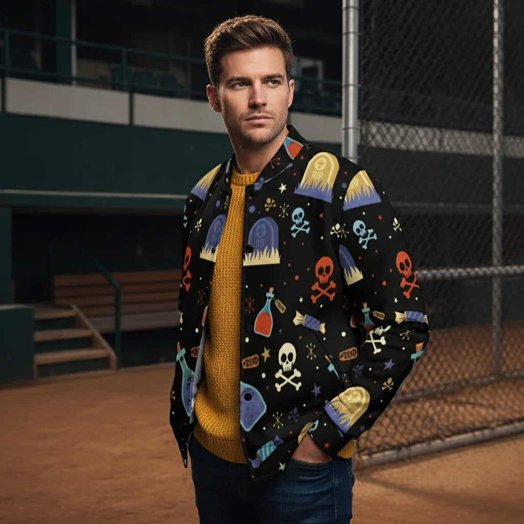 Man wearing trendy skull print jacket and yellow sweater, stylish men's fashion at Ivorynn