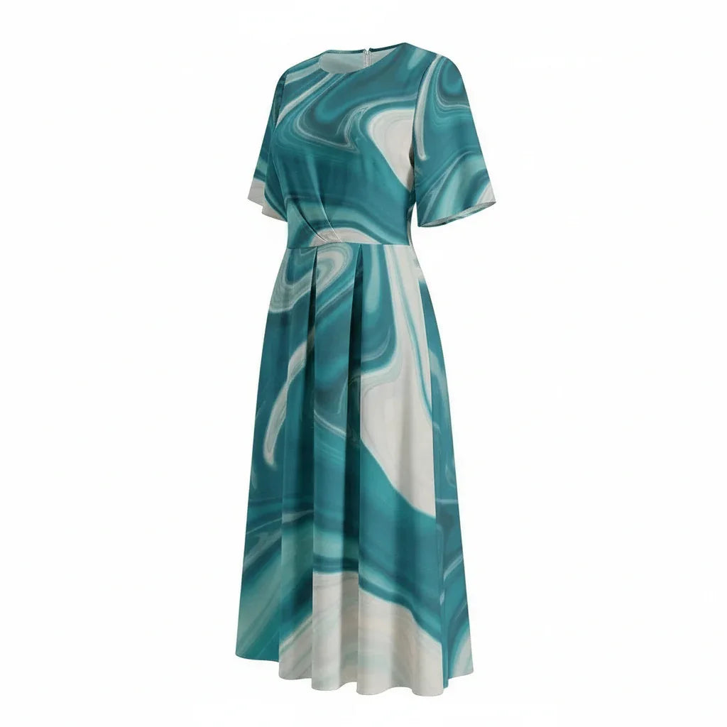 Turquoise swirl print midi dress with short sleeves, stylish women’s apparel at Ivorynn