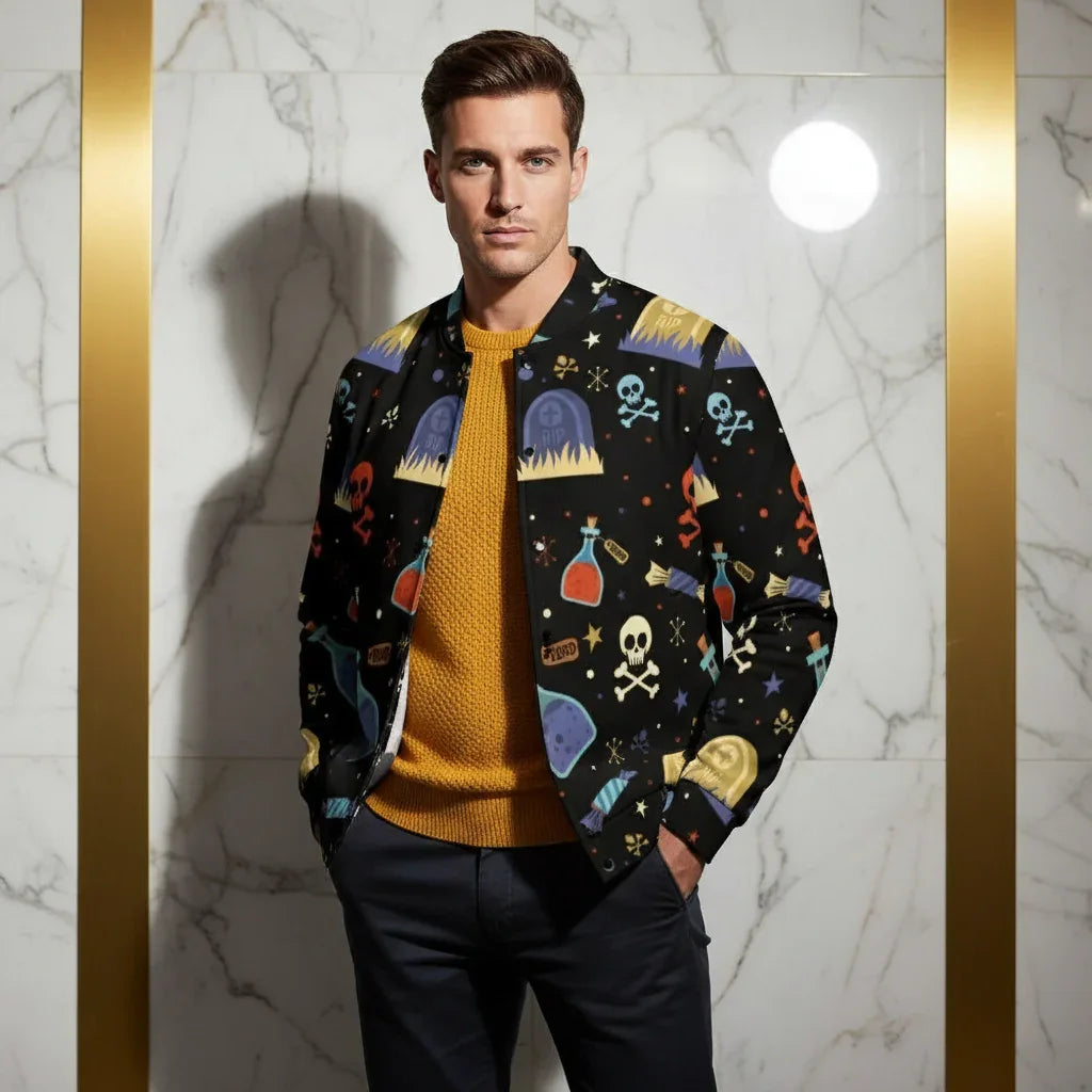 Man wearing a colorful printed jacket and yellow sweater, modern marble background, Ivorynn fashion