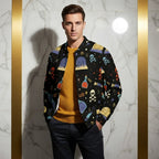 Man wearing a colorful printed jacket and yellow sweater, modern marble background, Ivorynn fashion