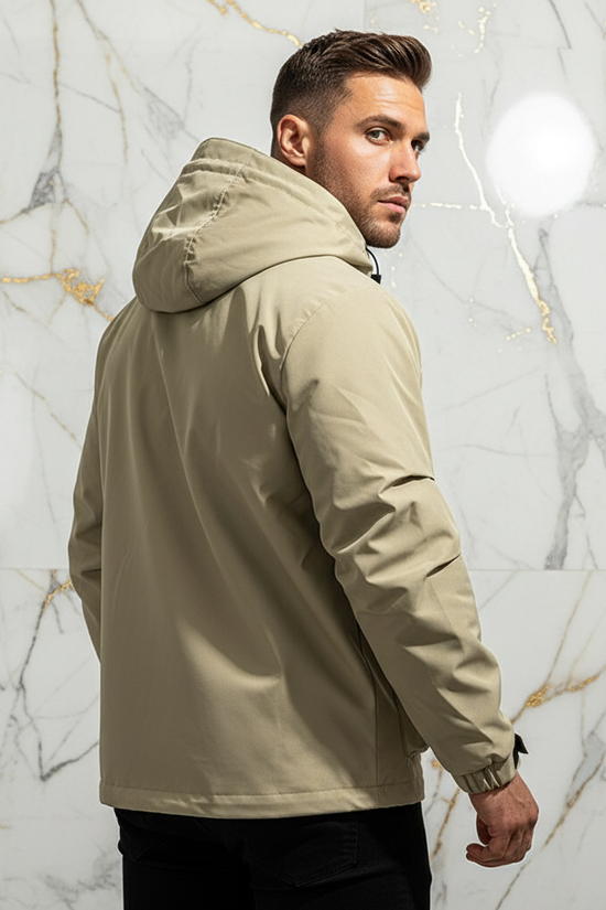 Three-quarter back angle - athletic man in khaki jacket