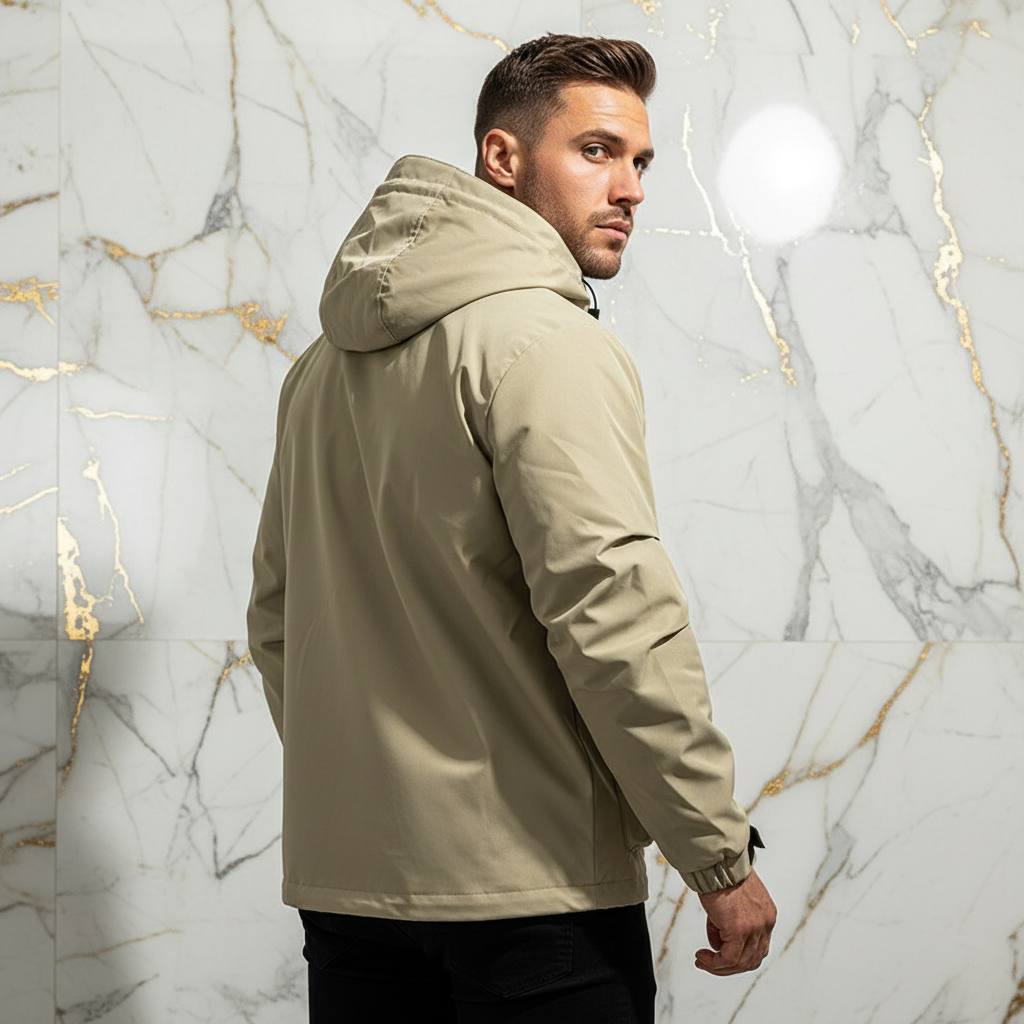 Three-quarter back angle - athletic man in khaki jacket