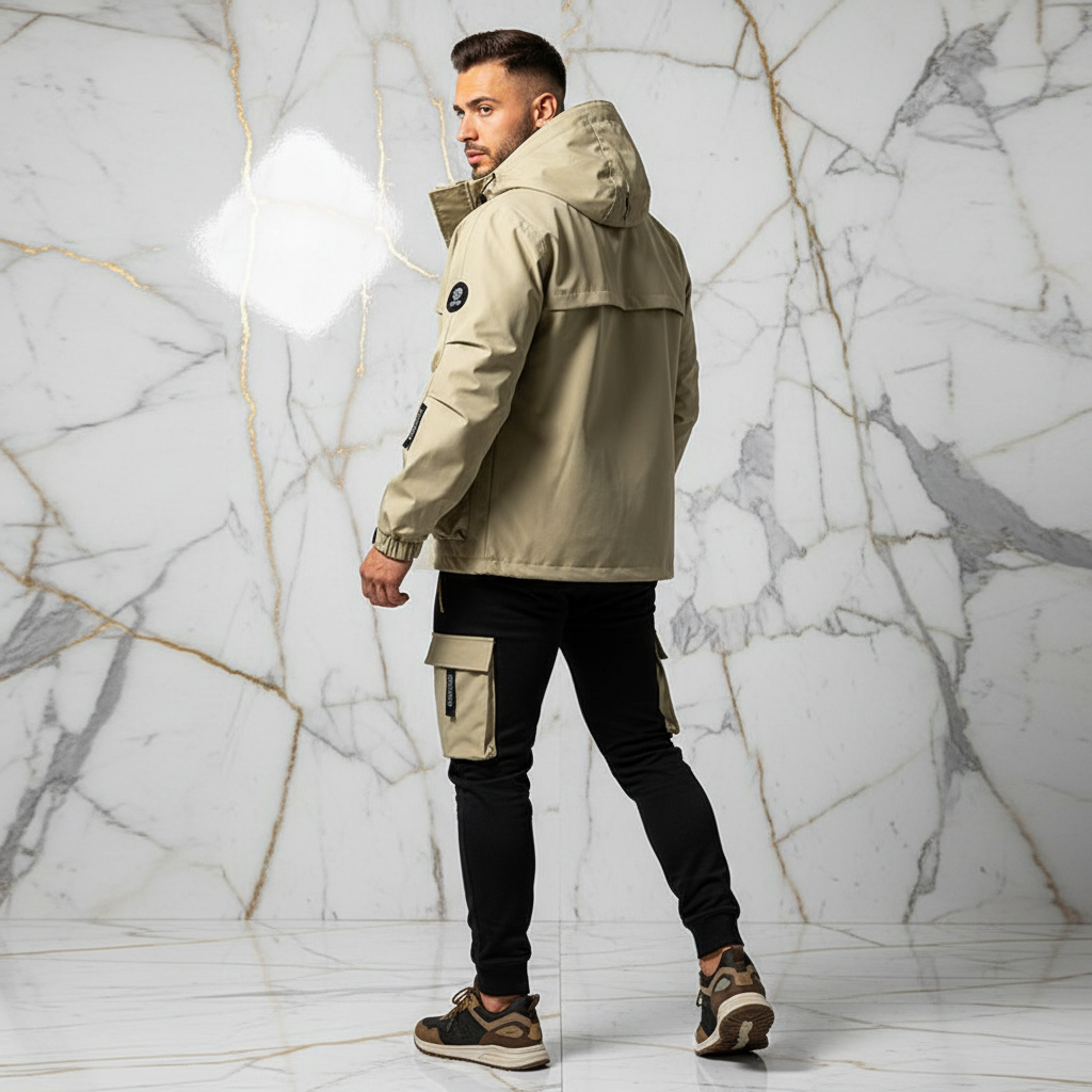 Three-quarter back angle - athletic man in khaki jacket