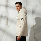 Three-quarter back angle - sporty man in off-white jacket