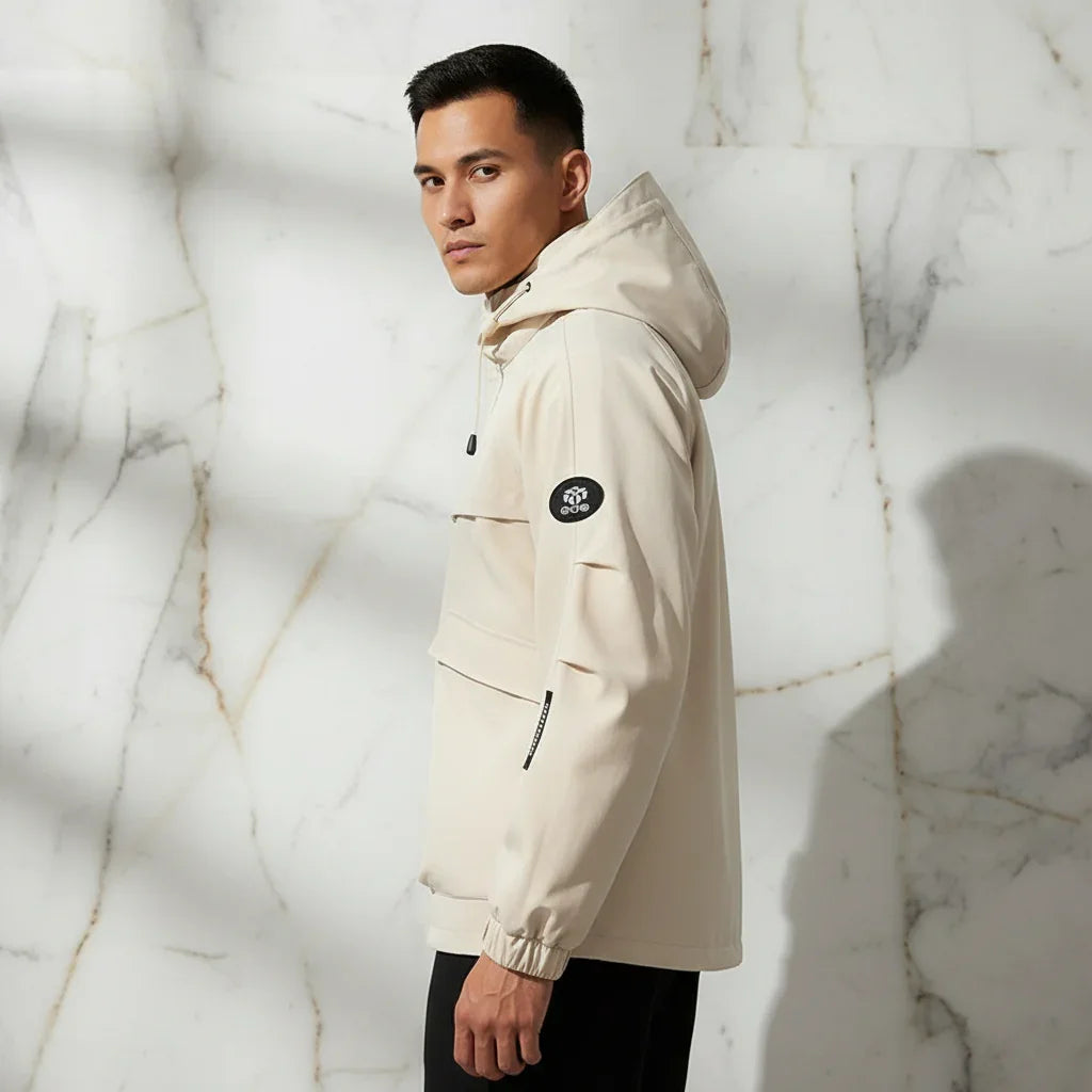 Three-quarter back angle - sporty man in off-white jacket