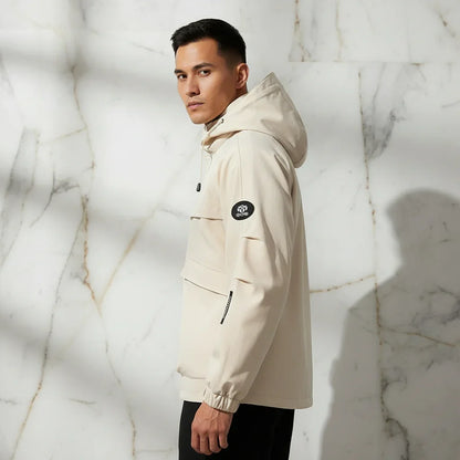 Three-quarter back angle - sporty man in off-white jacket