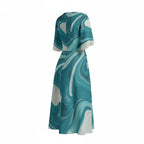 Teal and white marble print midi dress with short sleeves, back view, Ivorynn fashion
