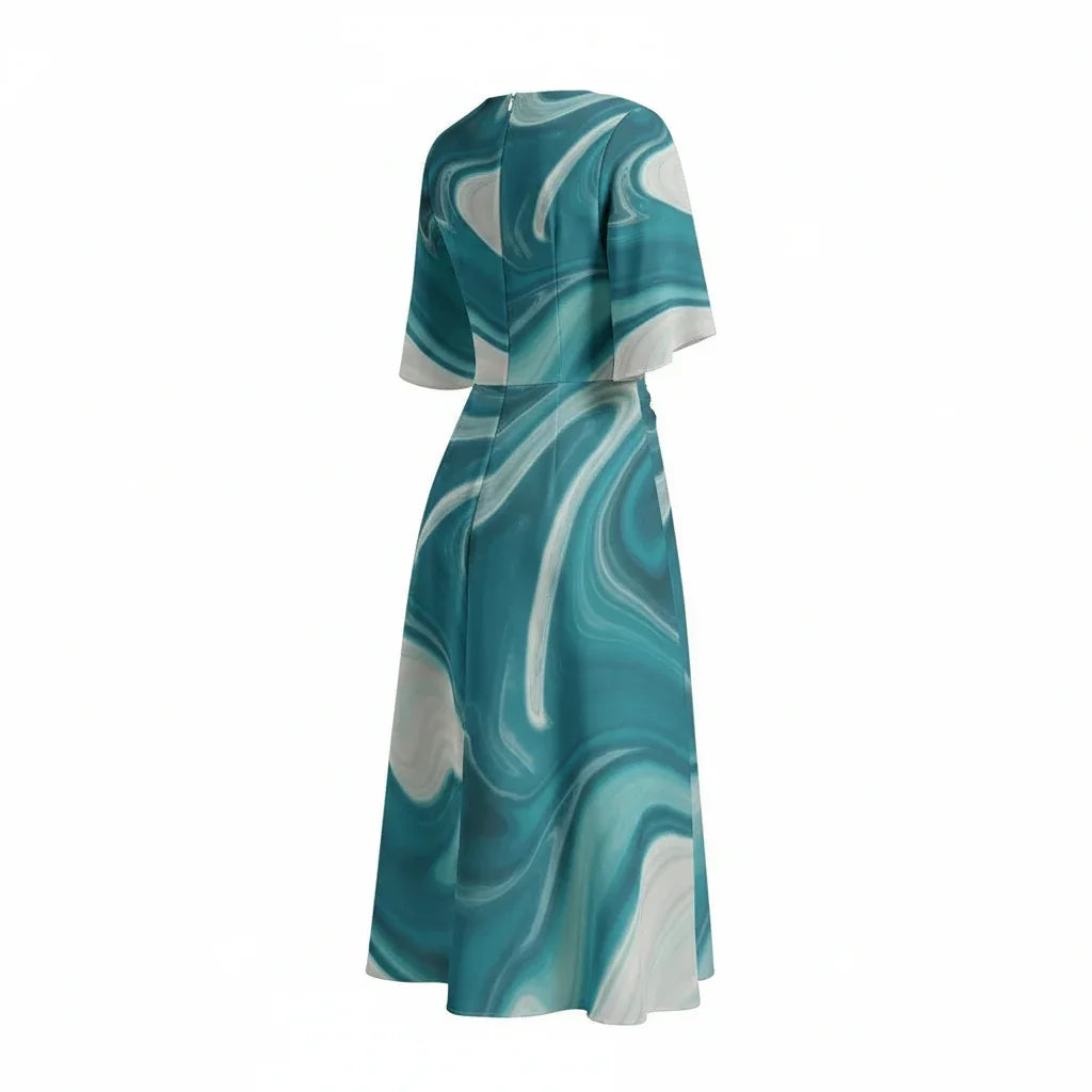 Teal and white marble print midi dress with short sleeves, back view, Ivorynn fashion