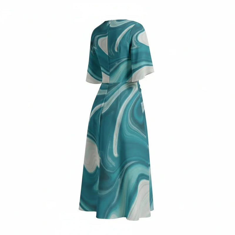 Teal and white marble print midi dress with short sleeves, back view, Ivorynn fashion