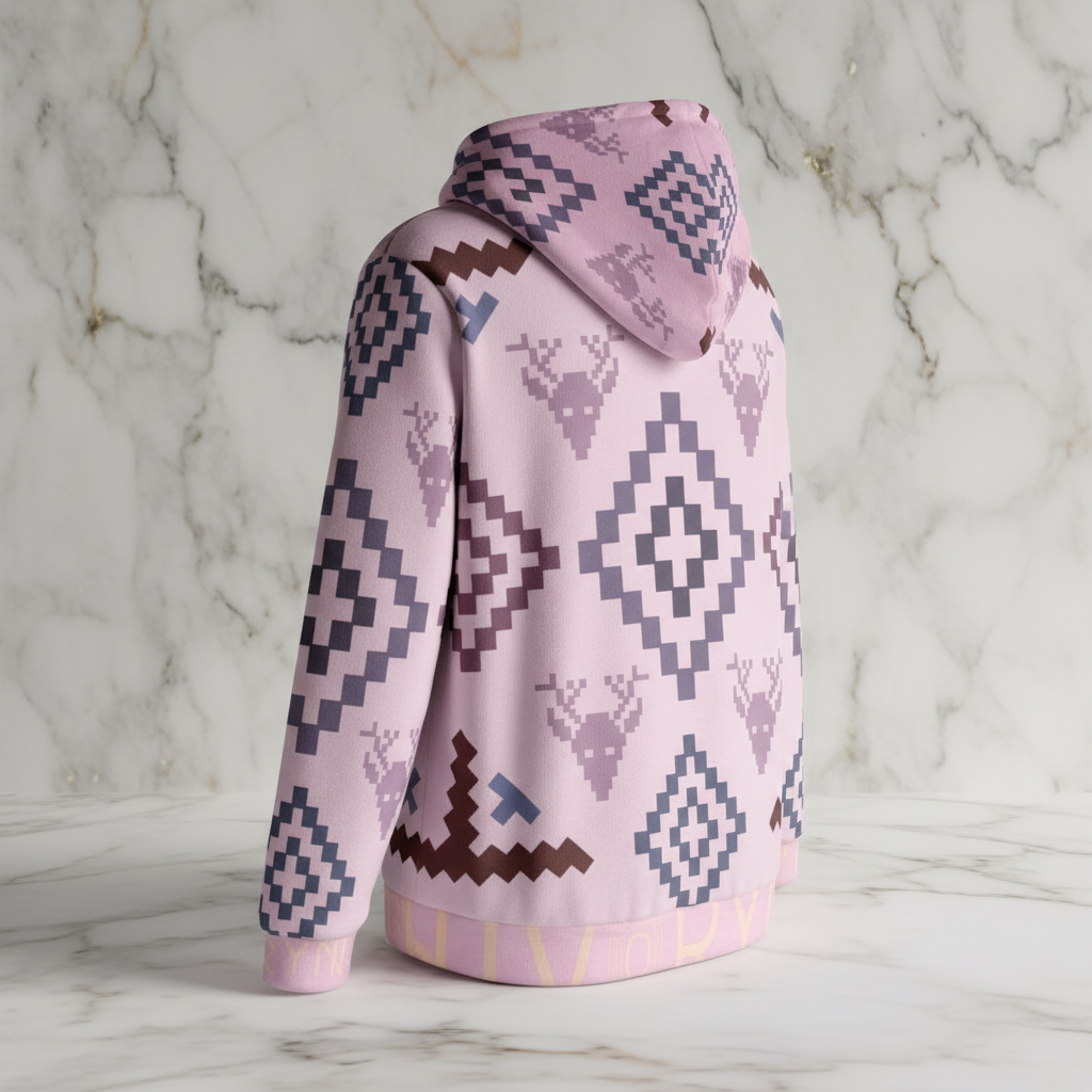 Three-quarter back view of pink geometric hoodie