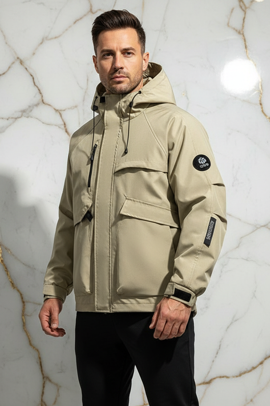 Three-quarter front angle - athletic man in khaki jacket