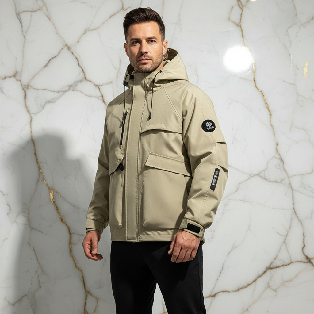 Three-quarter front angle - athletic man in khaki jacket