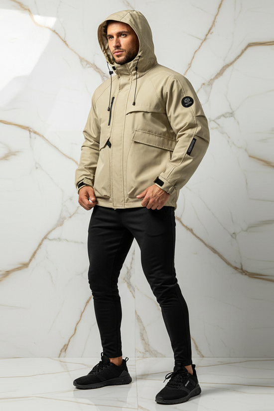 Three-quarter front angle - athletic man in khaki jacket