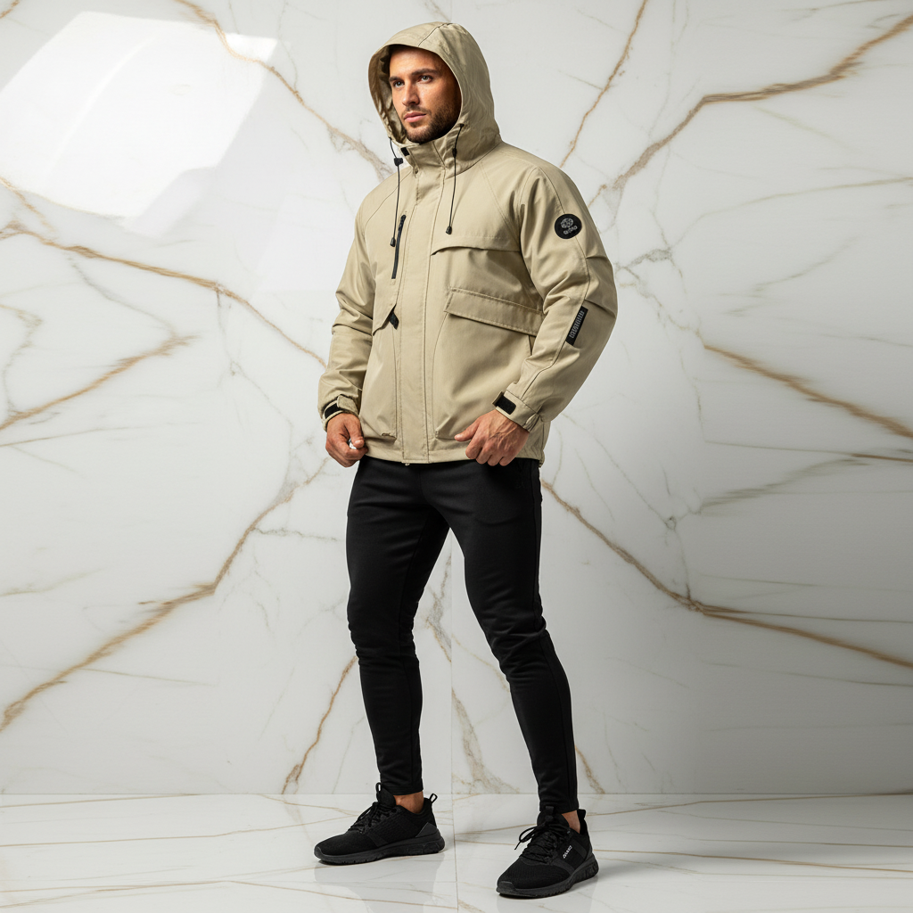 Three-quarter front angle - athletic man in khaki jacket