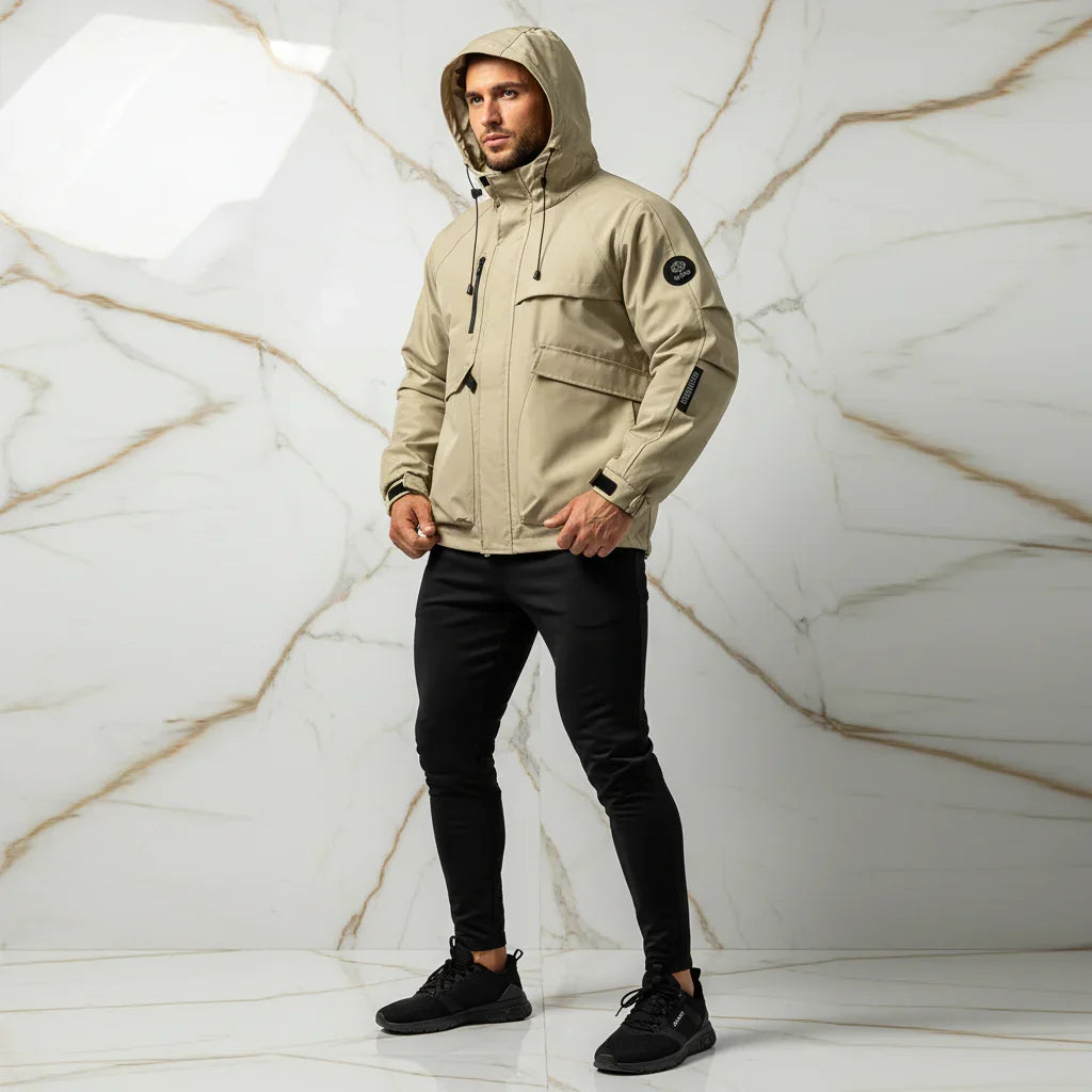 Three-quarter front angle - athletic man in khaki jacket