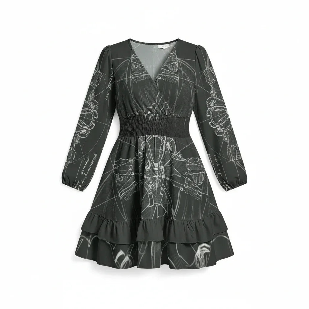 Black long sleeve women's dress with white abstract print, ruffle hem, and shirred waist from Ivorynn