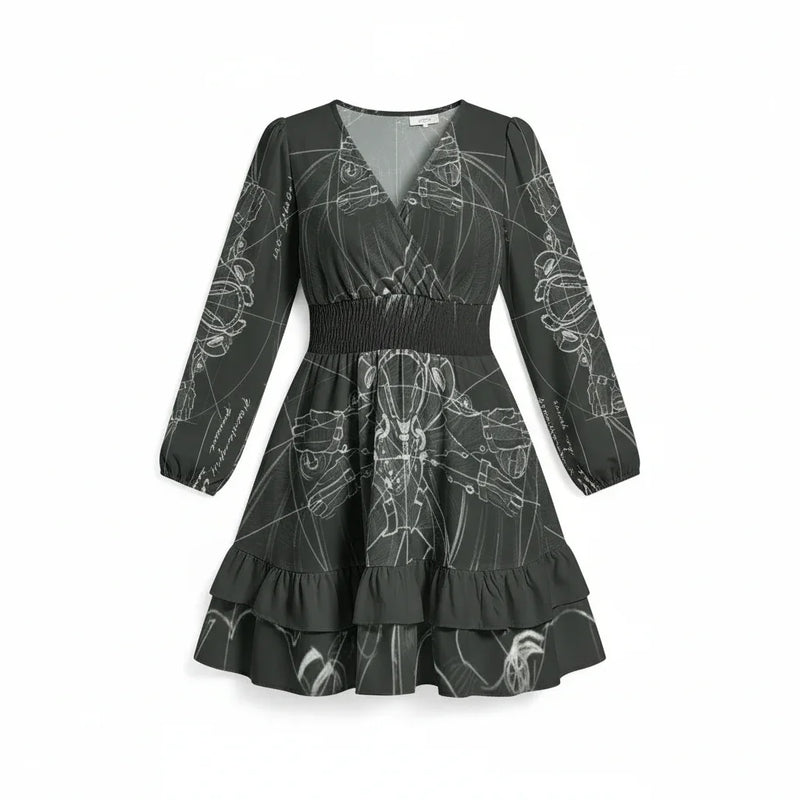 Black long sleeve women's dress with white abstract print, ruffle hem, and shirred waist from Ivorynn