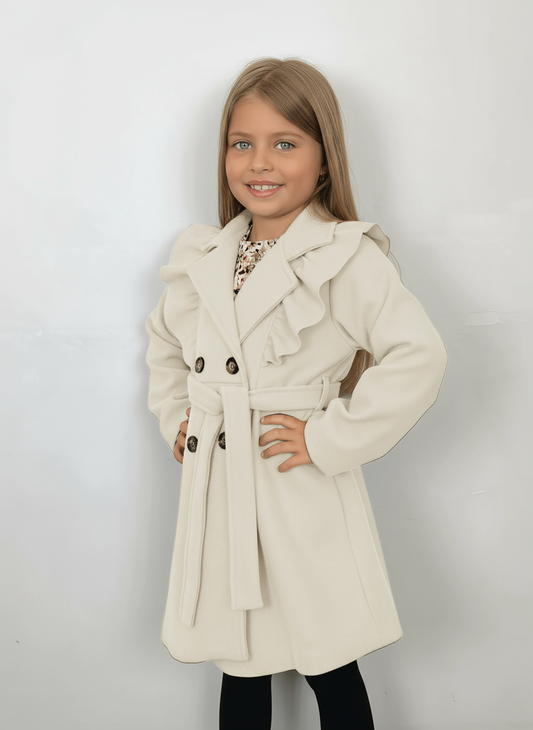 Chic Lined Beige Jacket with Ruffles and Belt
