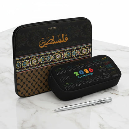 Three-quarter view of luxury tablet sleeve gift set