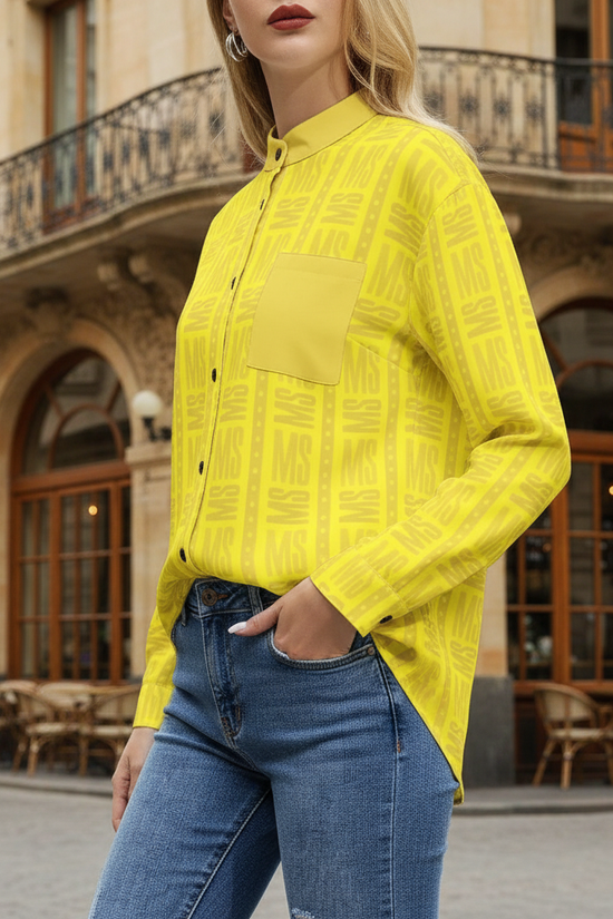 Three-quarter view of yellow shirt