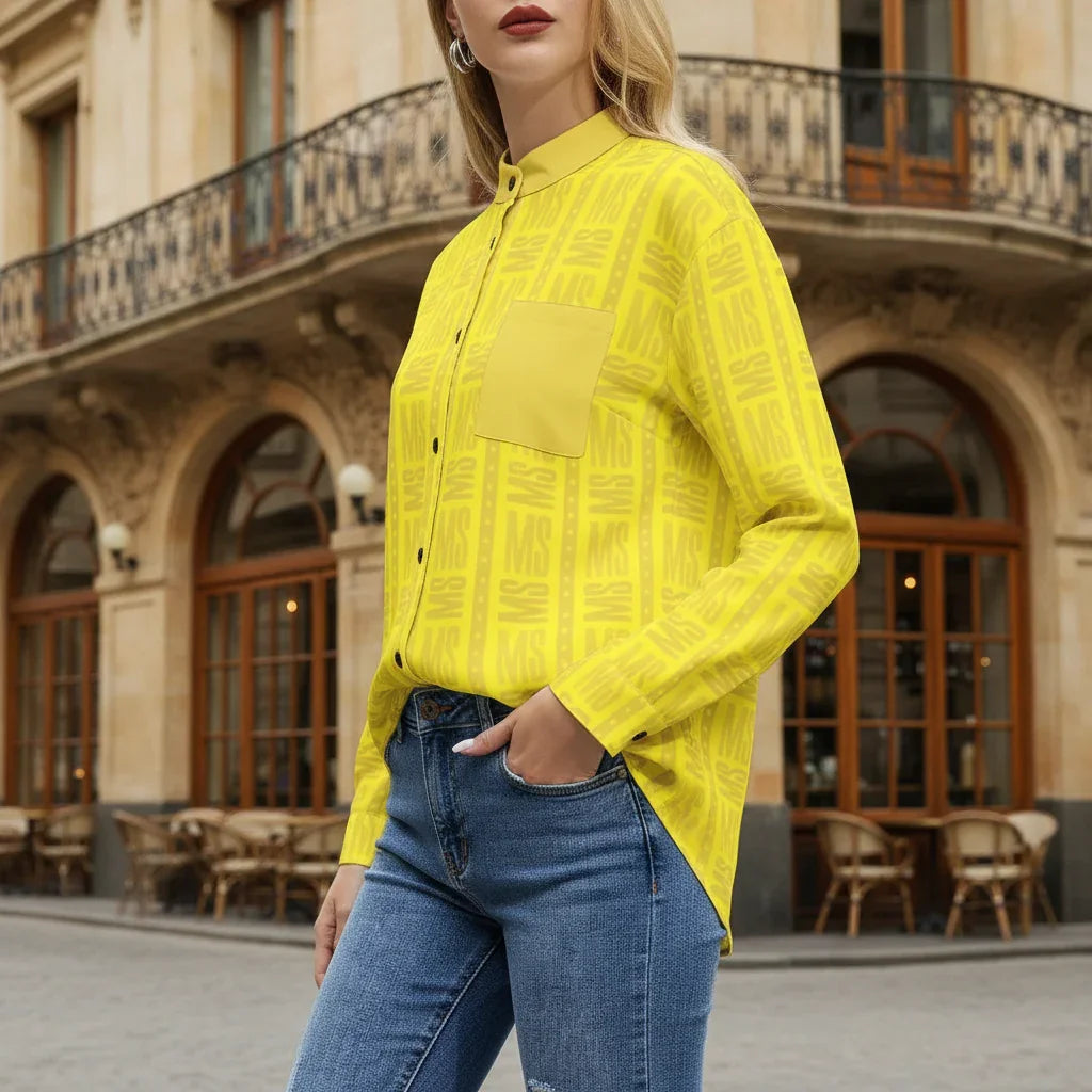 Three-quarter view of yellow shirt