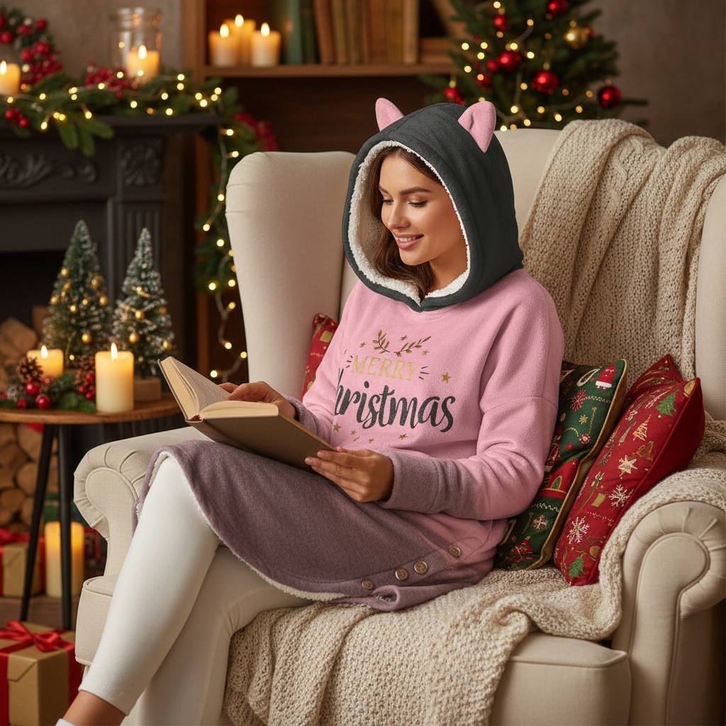 Three-quarter view on couch with holiday pillows