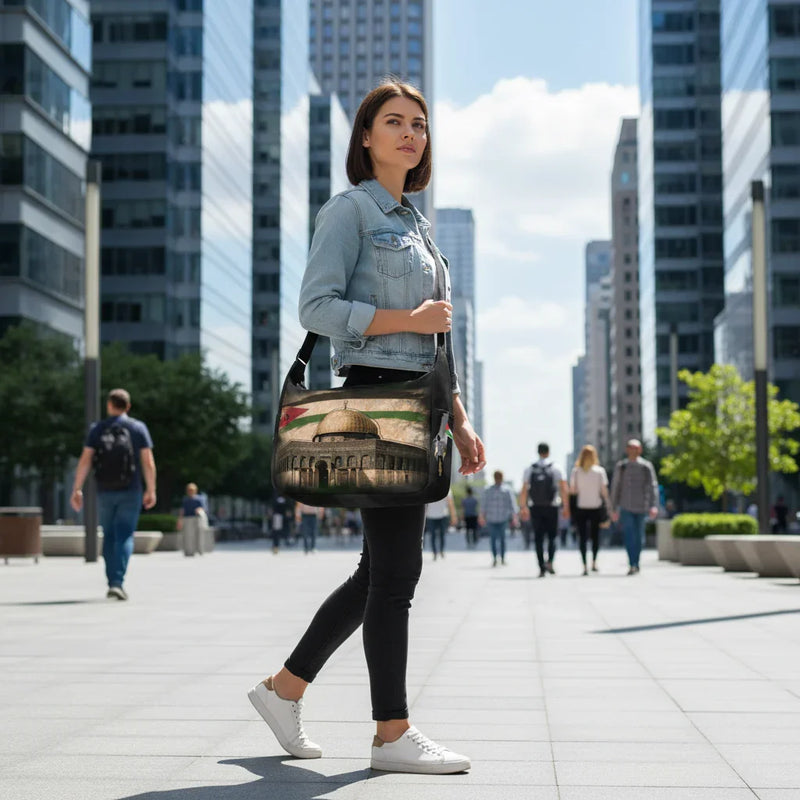Three-quarter view - woman in modern business district