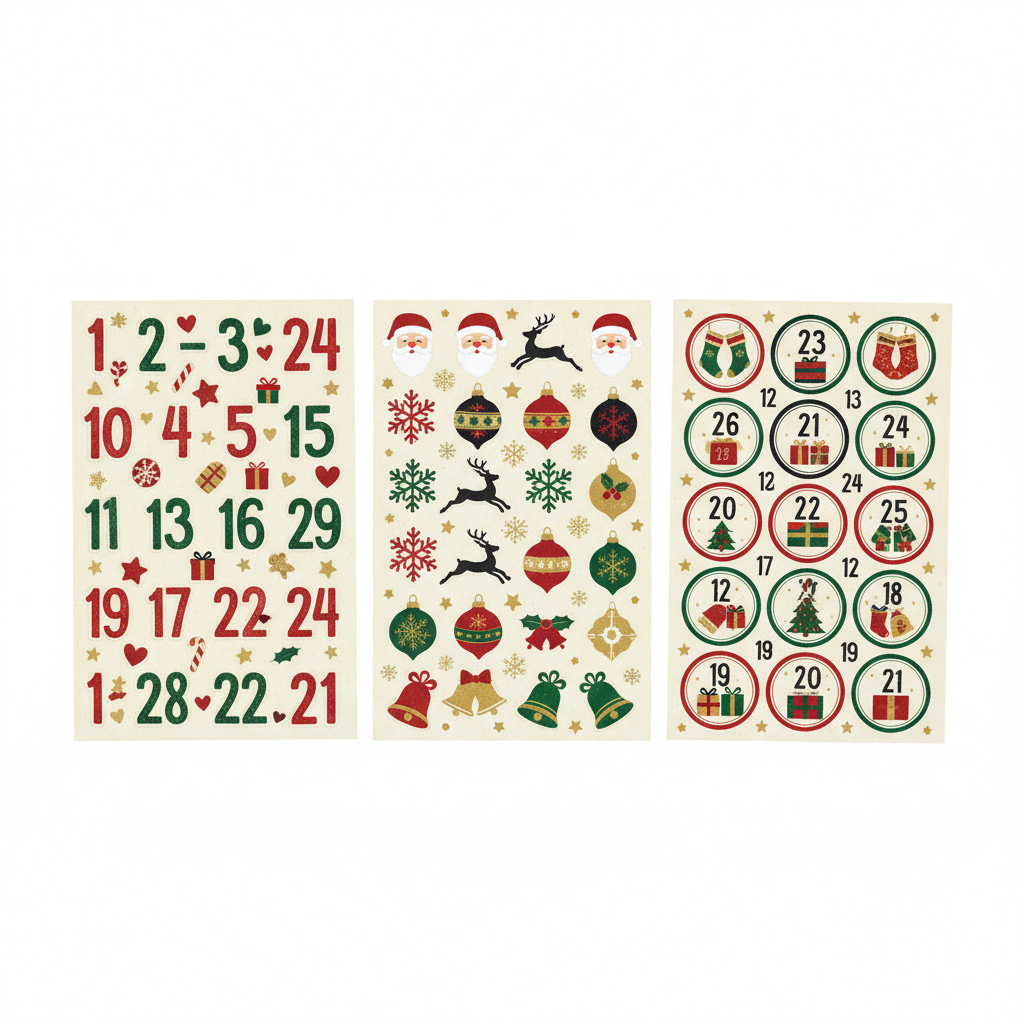 Three sheets of Christmas advent stickers
