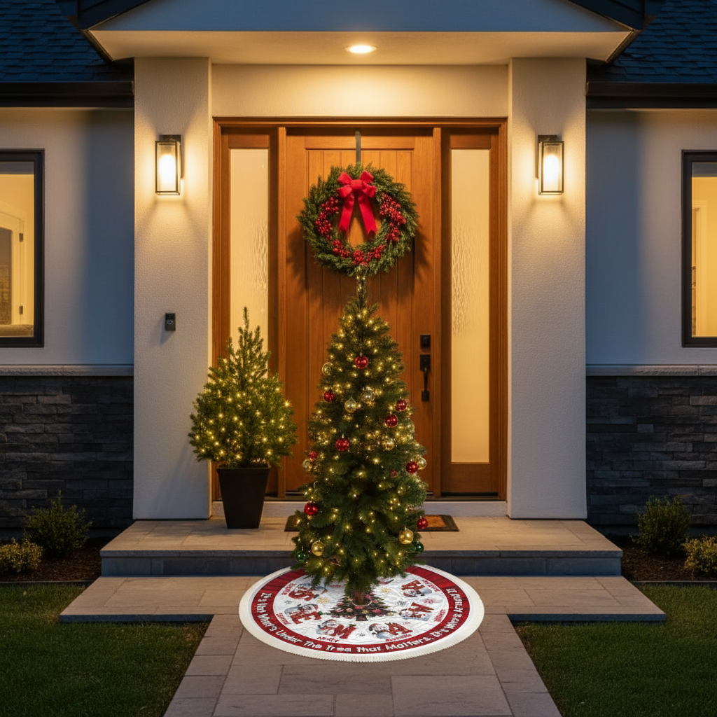 Tree skirt at house entrance door