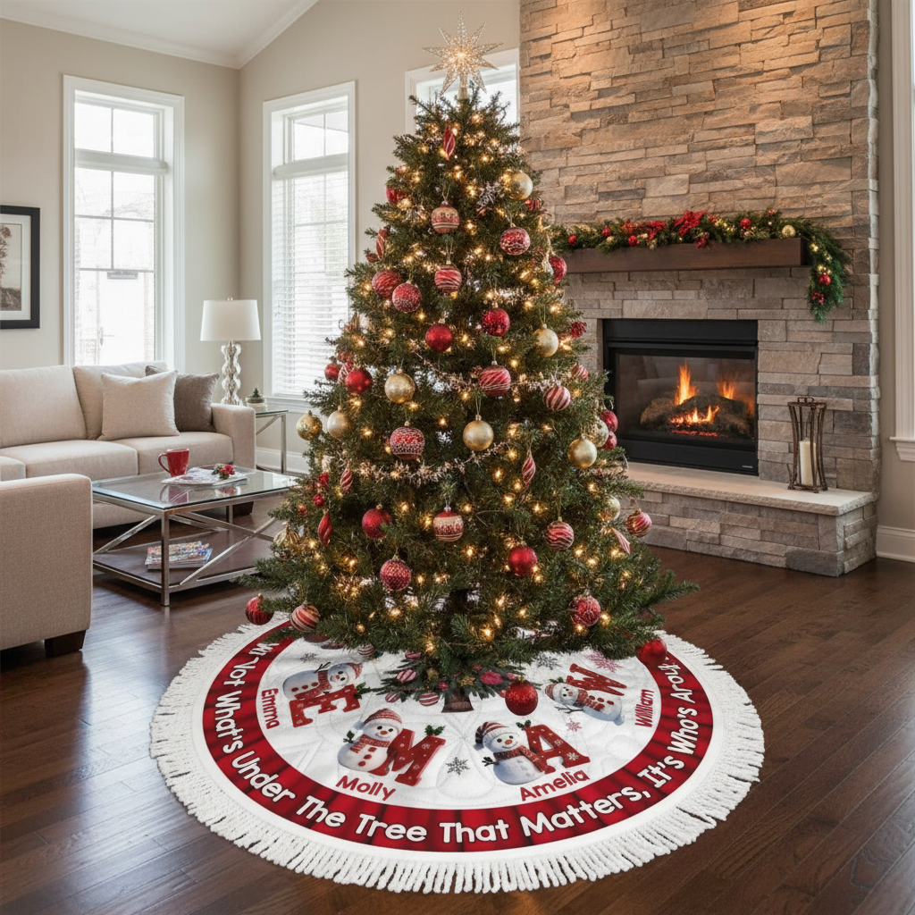 Tree skirt under Christmas tree in modern living room