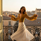 Twirling on vintage balcony