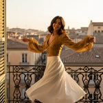 Twirling on vintage balcony