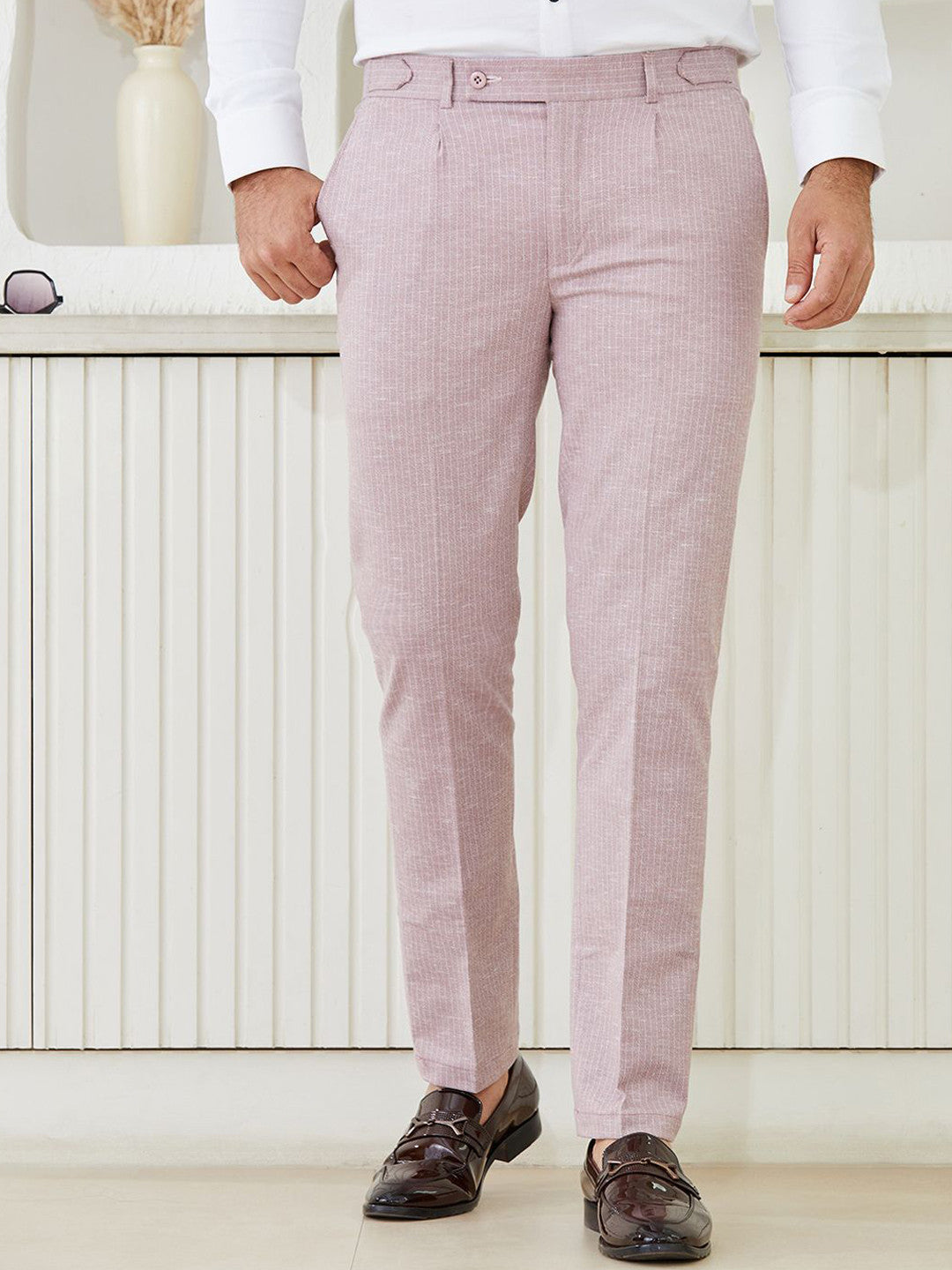 Slim Fit Two-Button Seersucker Pink Suit Set