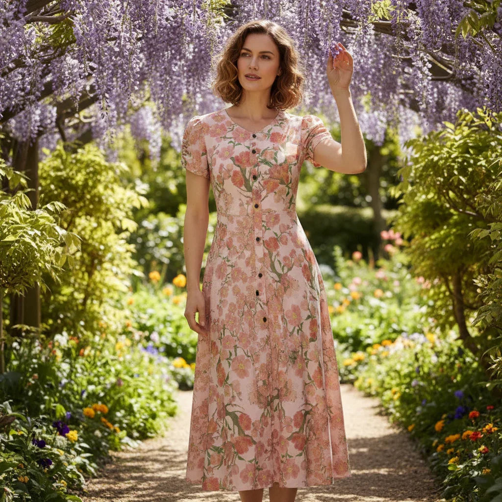 Woman in a floral dress standing under wisteria flowers in a blooming garden, Ivorynn fashion