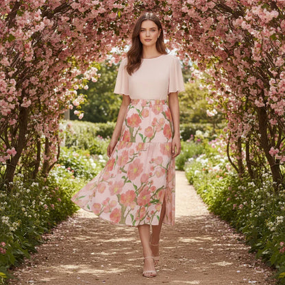 Woman in floral pink dress walking under blooming tree arch in garden, Ivorynn fashion