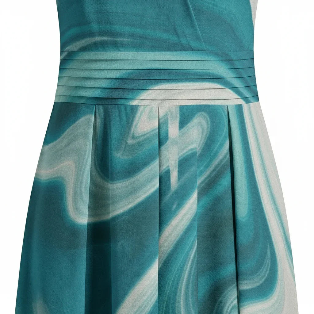 Teal marble print dress with pleated waist detail, stylish women’s fashion by Ivorynn