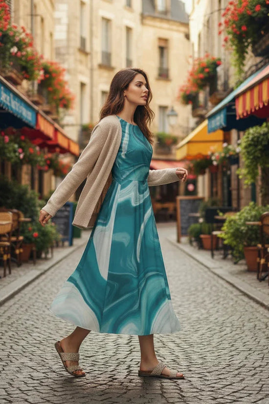 Walking European street side view