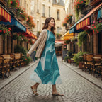Woman in stylish blue dress walks on a European street with outdoor cafes and colorful awnings