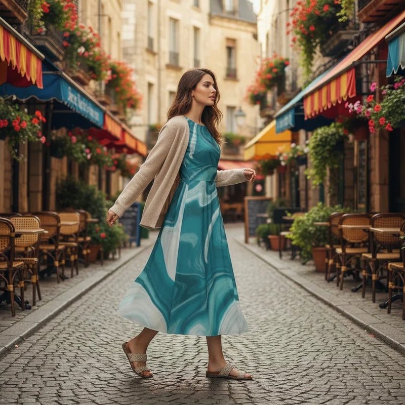 Woman in stylish blue dress walks on a European street with outdoor cafes and colorful awnings