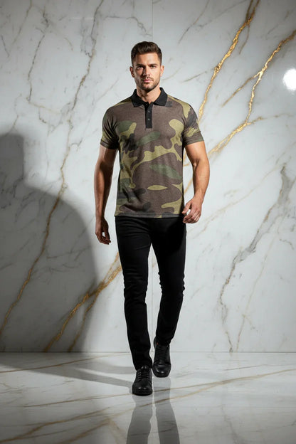Man in camo polo shirt and black pants walking on marble floor, stylish men's apparel from Ivorynn