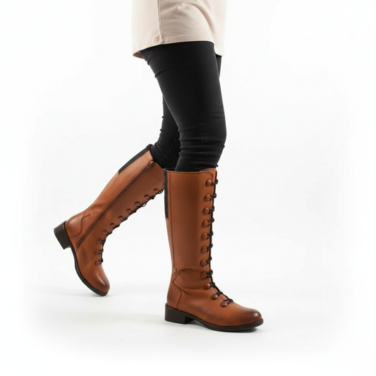 Tartan Lined Star Tan Leather Long Leg Boots