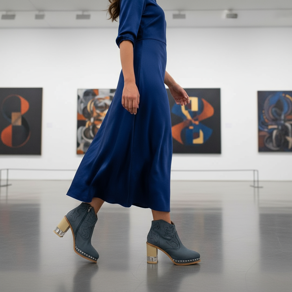 Walking pose in modern art gallery
