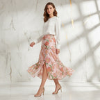 Stylish woman in white blouse and floral pink skirt with heels, Ivorynn fashion apparel