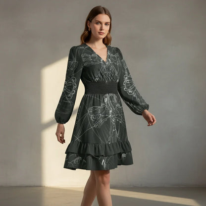 Woman in stylish dark printed dress walking in a minimalist modern interior at Ivorynn