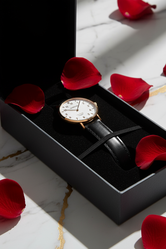 Watch close-up with rose petals