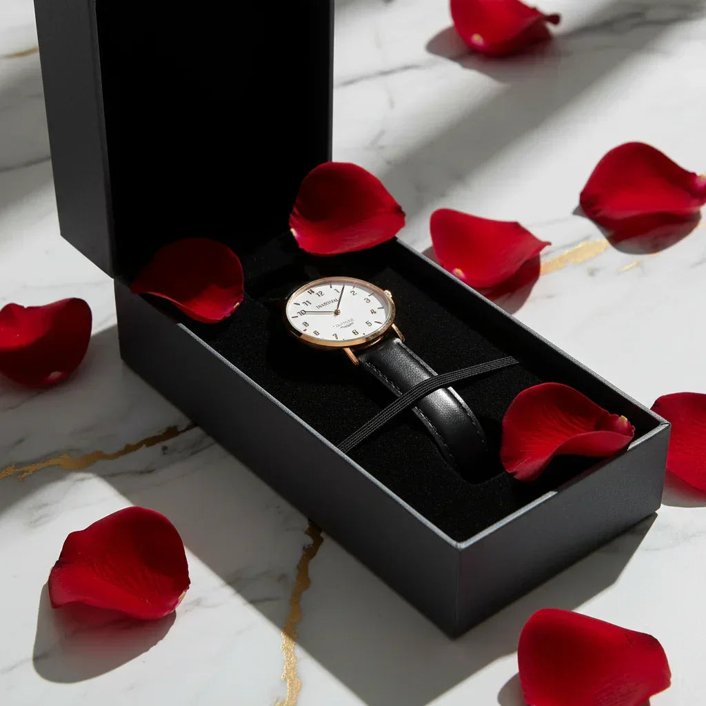 Watch close-up with rose petals