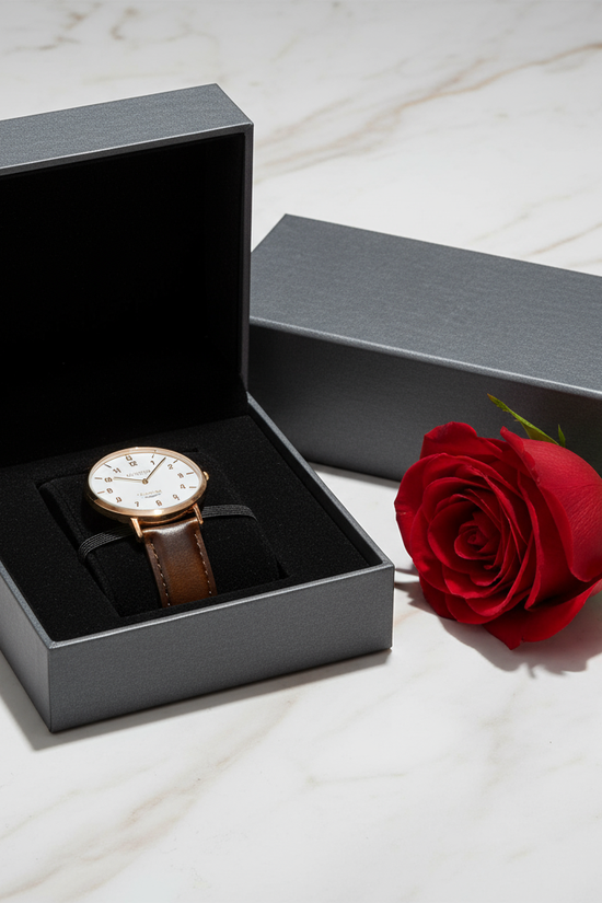 Watch in box with red rose - dramatic lighting