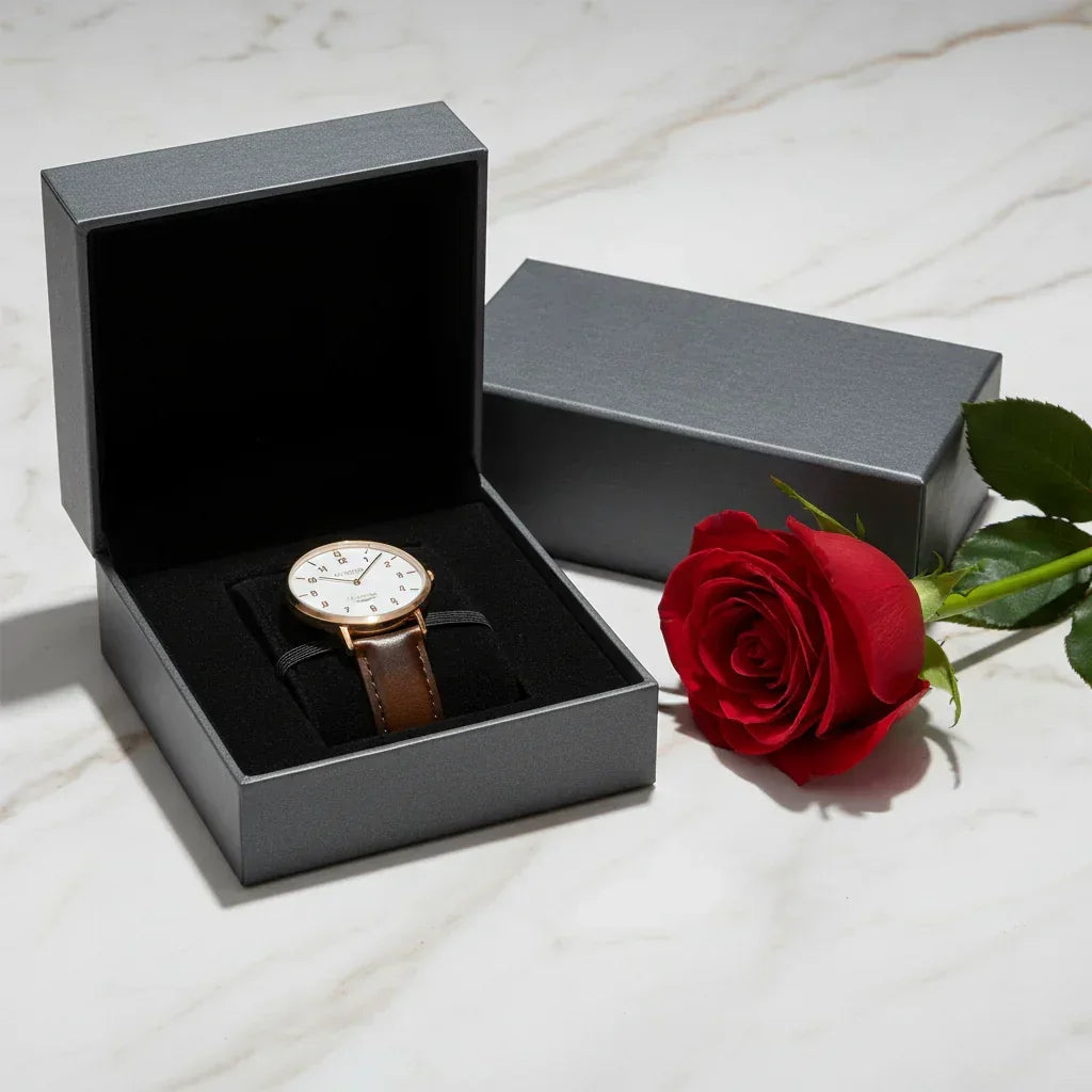 Watch in box with red rose - dramatic lighting