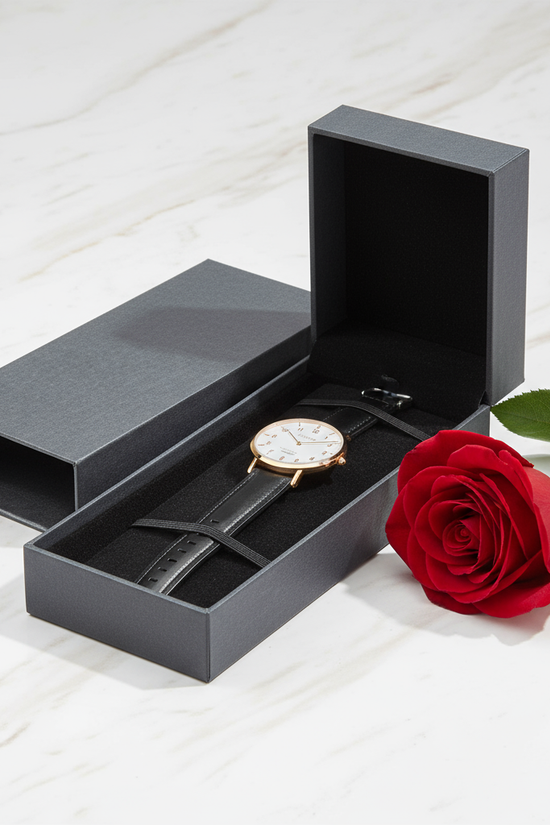 Watch in box with rose - angled view